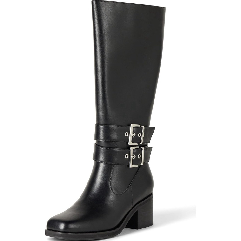 The Drop‎ Women's Biker Boot with Buckles 6.5 Black Faux Leather Side Zip